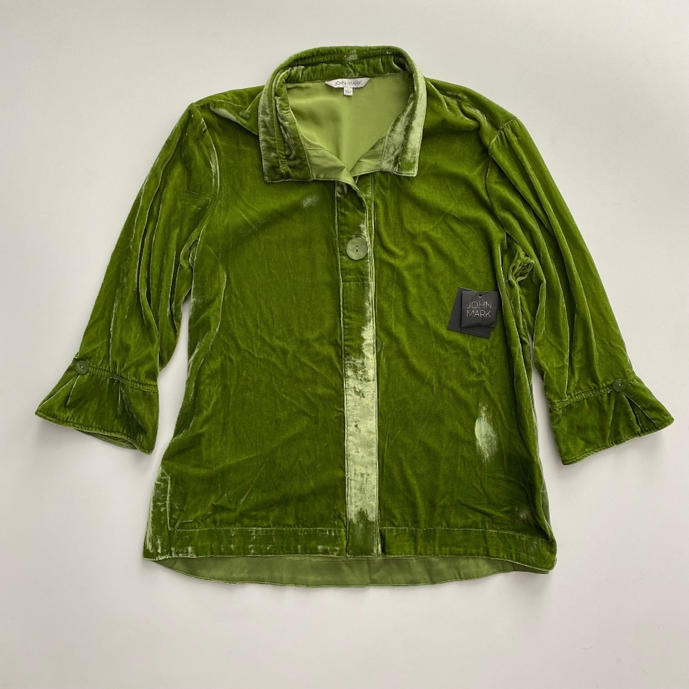 John Mark Olive Green Velvet Button-Front Women’s Top